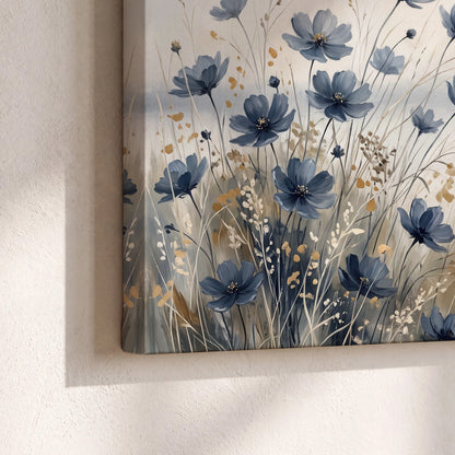 Soft blue flowers and ivory grasses beside a pale coastal horizon 3 piece canvas wall art material and edge close up
