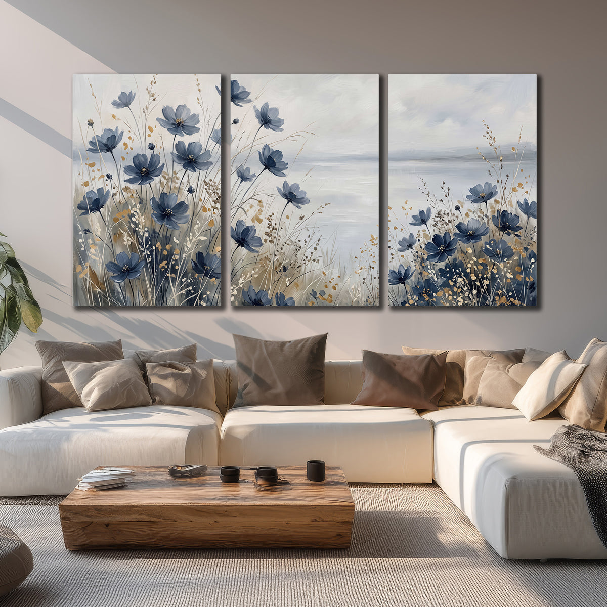 Soft blue flowers and ivory grasses beside a pale coastal horizon 3 piece canvas wall art displayed in a living room