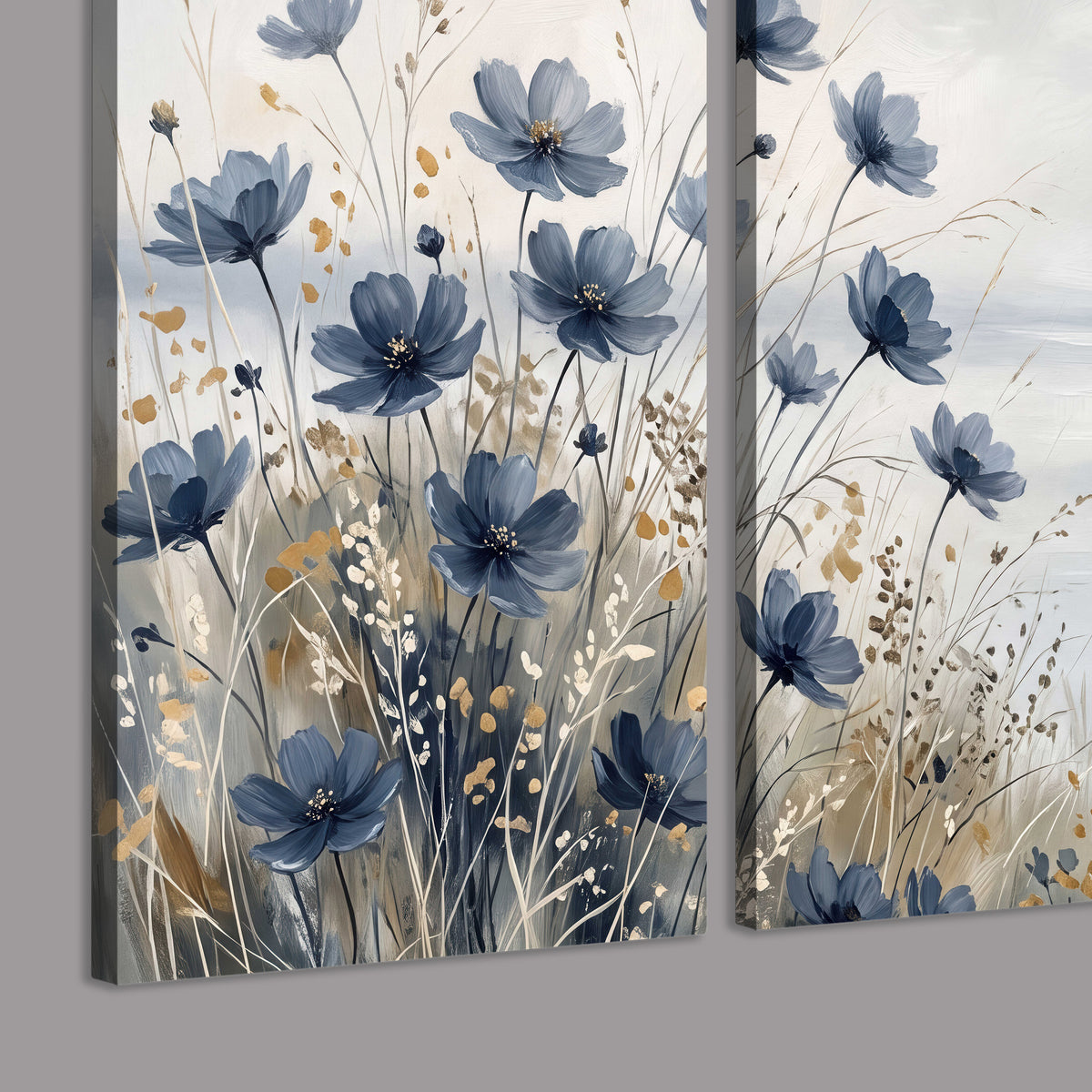 Soft blue flowers and ivory grasses beside a pale coastal horizon 3 piece canvas wall art room and product view