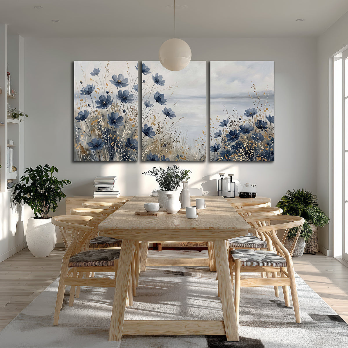 Soft blue flowers and ivory grasses beside a pale coastal horizon 3 piece canvas wall art room and product view
