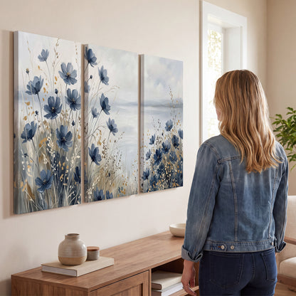 Soft blue flowers and ivory grasses beside a pale coastal horizon 3 piece canvas wall art three panel arrangement on a wall