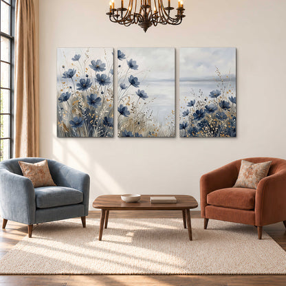 Soft blue flowers and ivory grasses beside a pale coastal horizon 3 piece canvas wall art styled in an interior