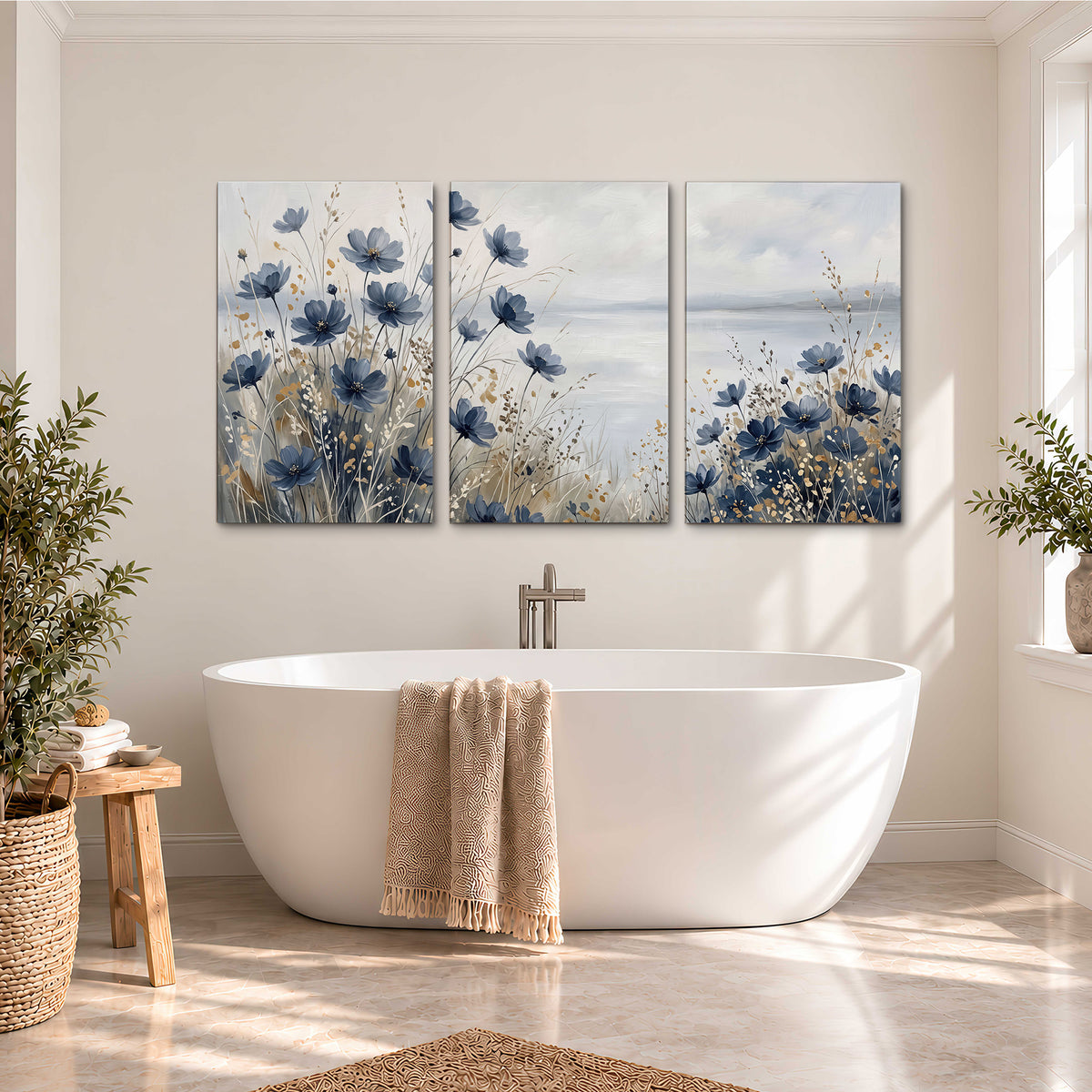Soft blue flowers and ivory grasses beside a pale coastal horizon 3 piece canvas wall art styled in an interior