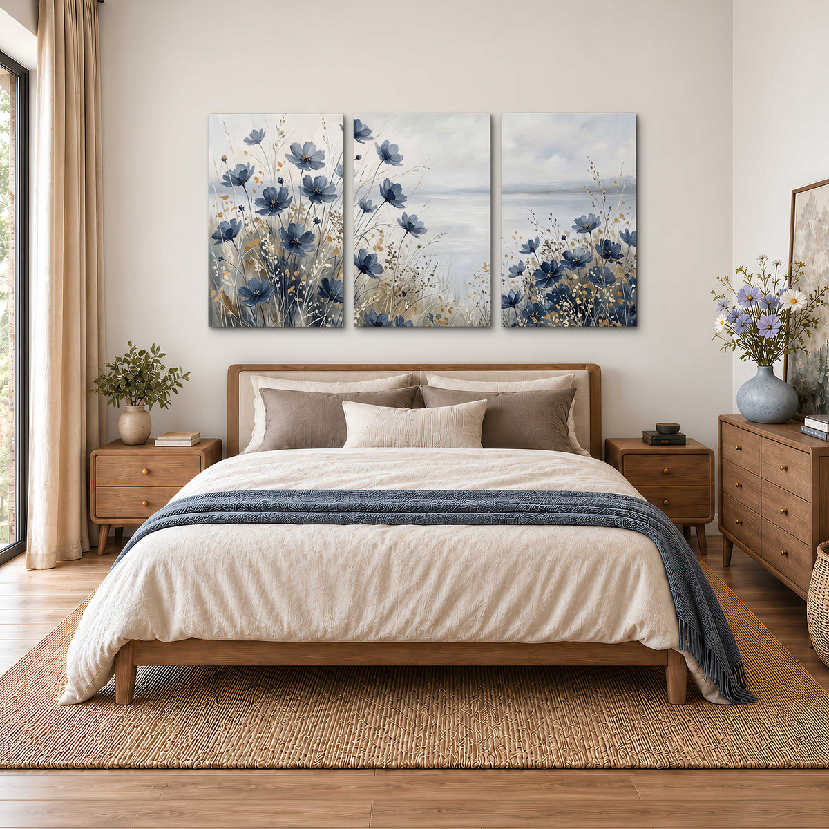 Soft blue flowers and ivory grasses beside a pale coastal horizon 3 piece canvas wall art styled in an interior