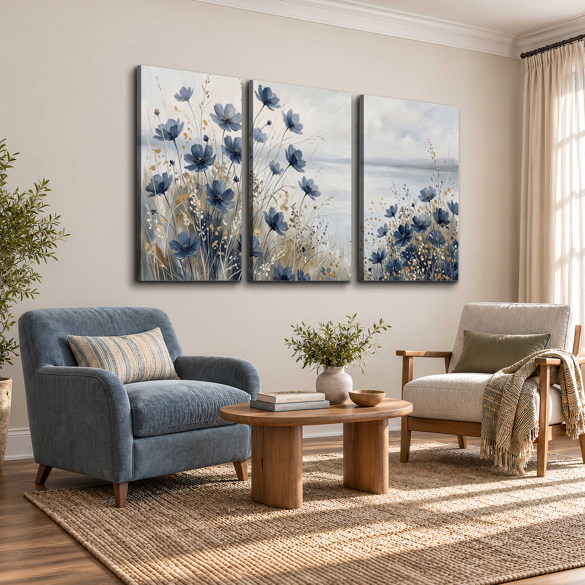 Soft blue flowers and ivory grasses beside a pale coastal horizon 3 piece canvas wall art styled in an interior