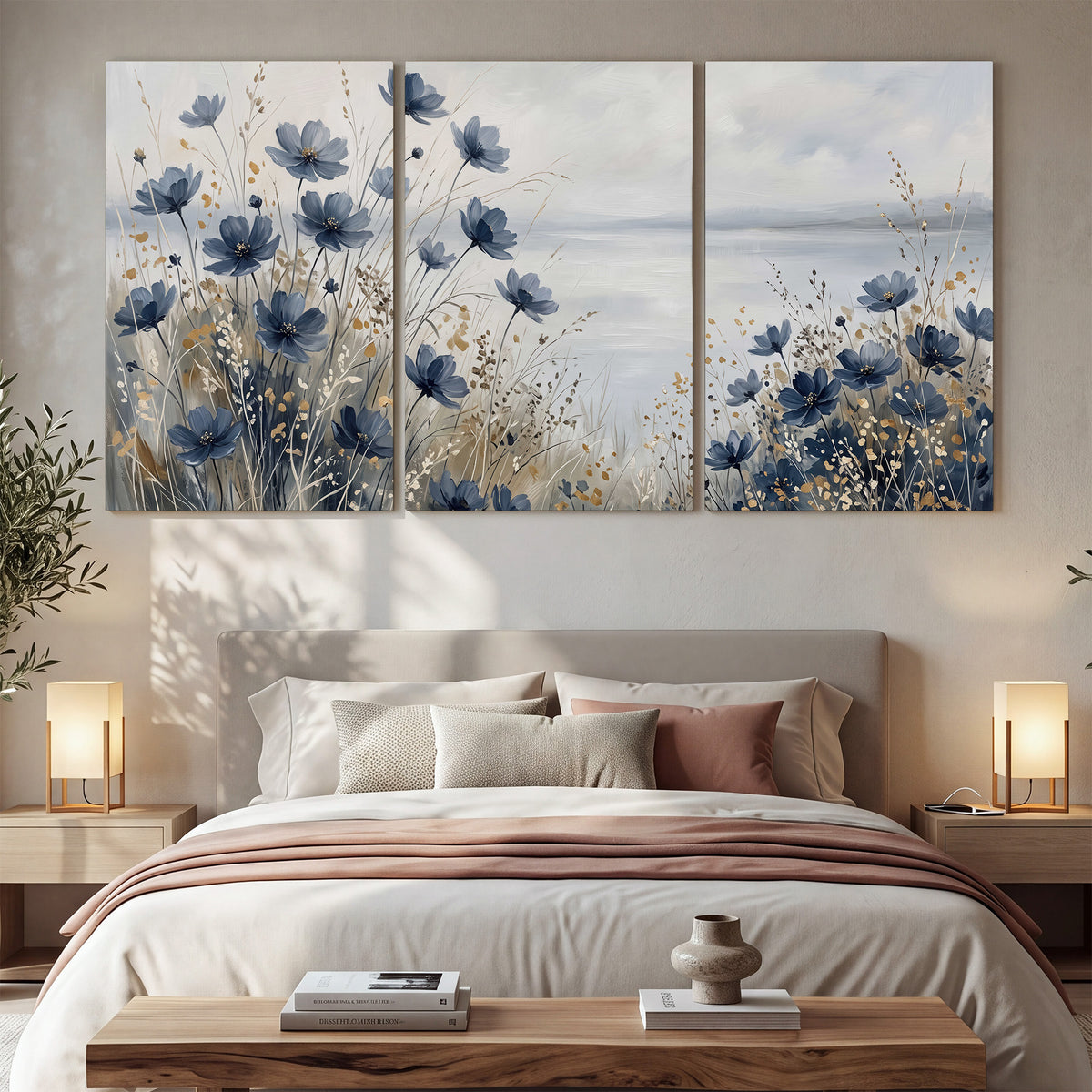 Soft blue flowers and ivory grasses beside a pale coastal horizon 3 piece canvas wall art displayed in a bedroom