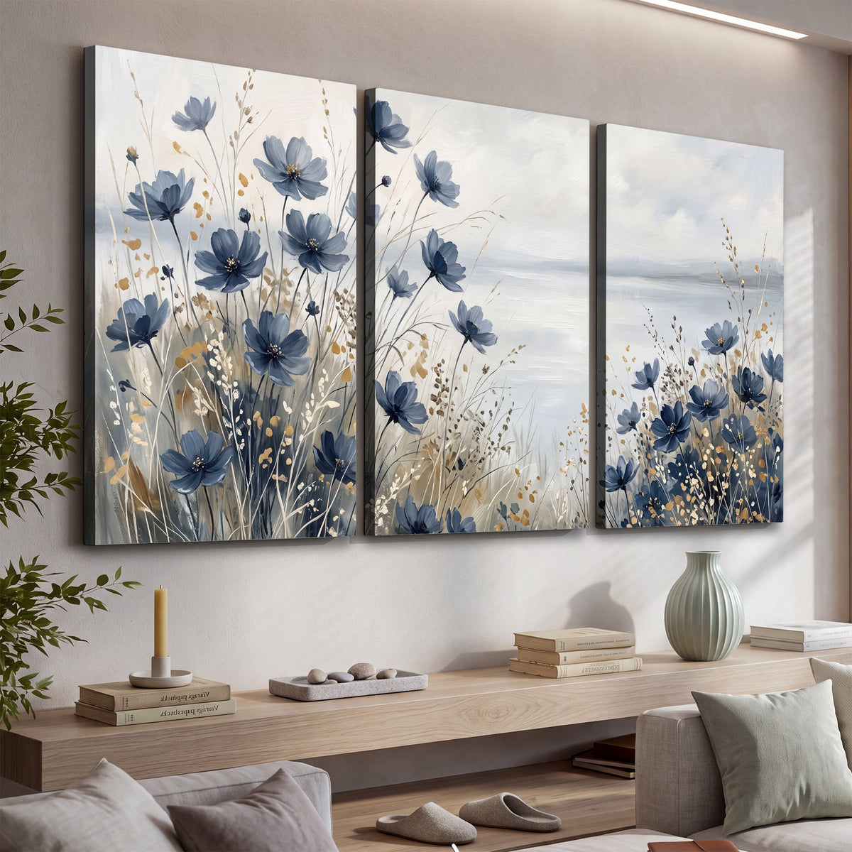 Soft blue flowers and ivory grasses beside a pale coastal horizon 3 piece canvas wall art displayed in a console