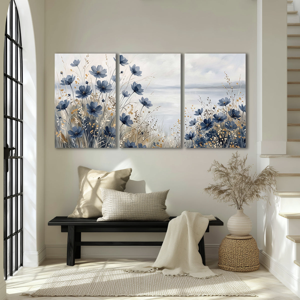 Soft blue flowers and ivory grasses beside a pale coastal horizon 3 piece canvas wall art displayed in a entryway