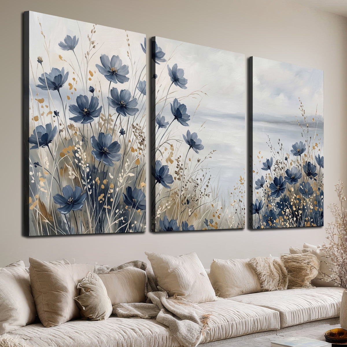 Soft blue flowers and ivory grasses beside a pale coastal horizon 3 piece canvas wall art room and product view