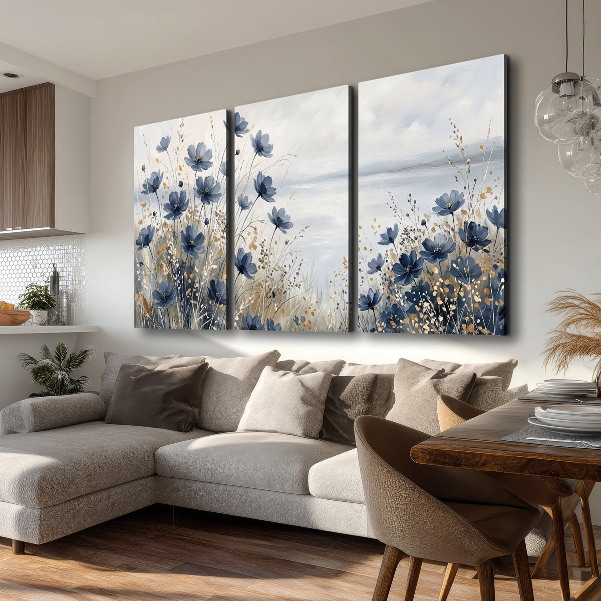 Soft blue flowers and ivory grasses beside a pale coastal horizon 3 piece canvas wall art room and product view