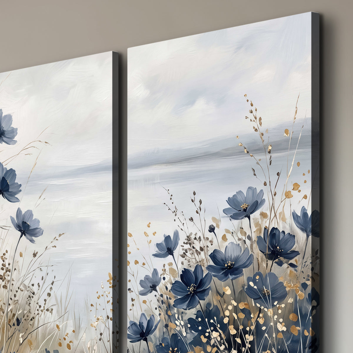 Soft blue flowers and ivory grasses beside a pale coastal horizon 3 piece canvas wall art room and product view