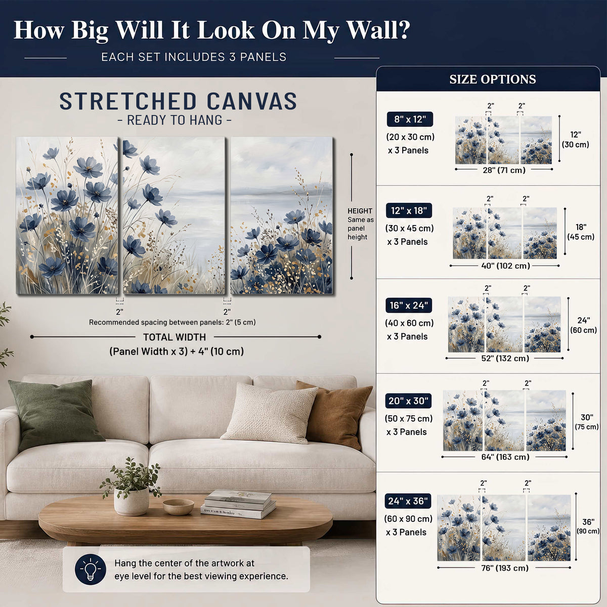 Soft blue flowers and ivory grasses beside a pale coastal horizon 3 piece canvas wall art size guide above a sofa; room view is illustrative