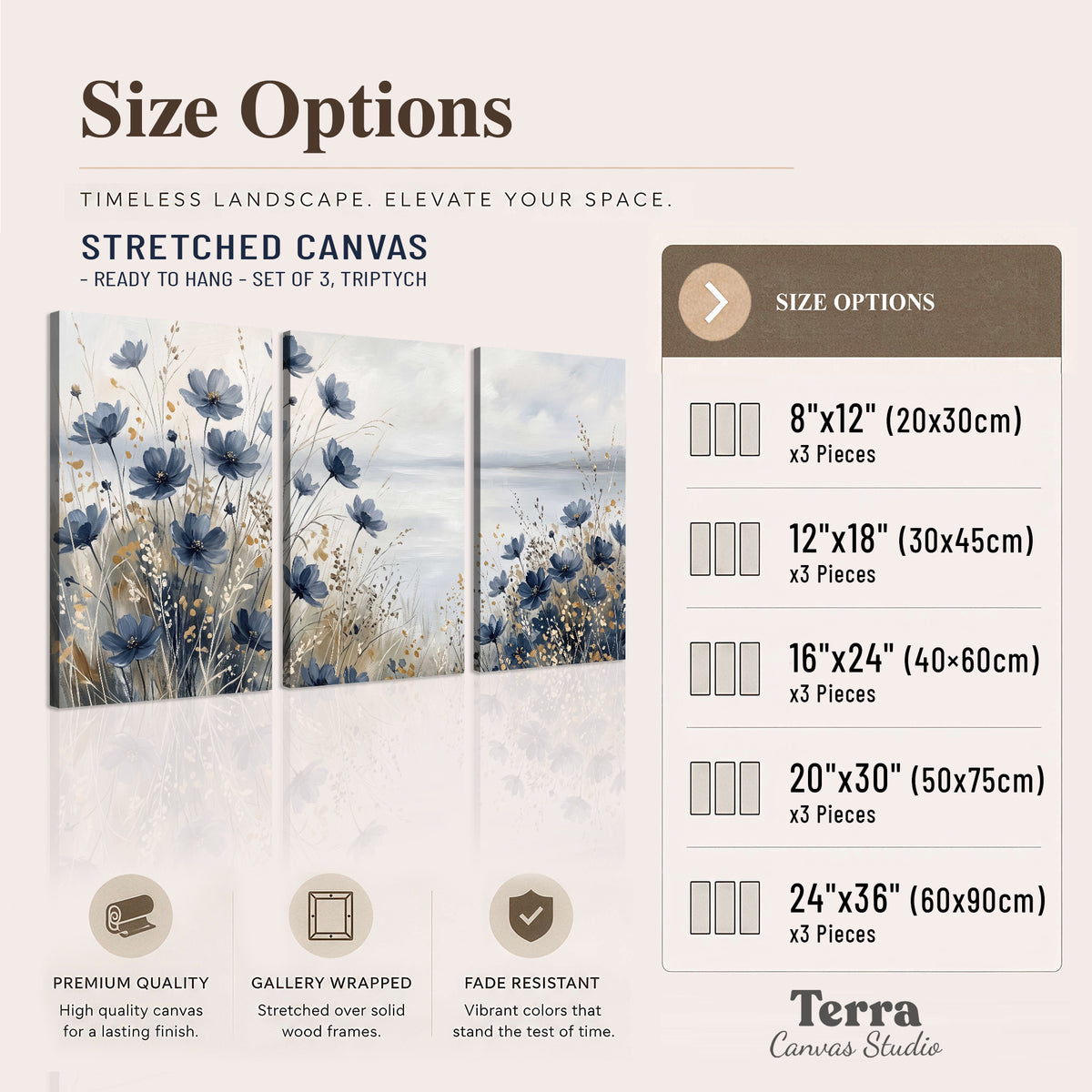 Soft blue flowers and ivory grasses beside a pale coastal horizon 3 piece canvas wall art available dimensions; triptych dimensions are per panel