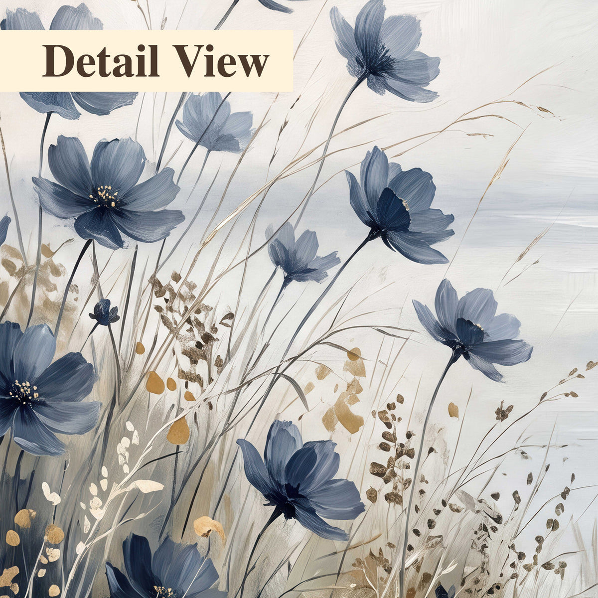 Soft blue flowers and ivory grasses beside a pale coastal horizon 3 piece canvas wall art artwork detail close up