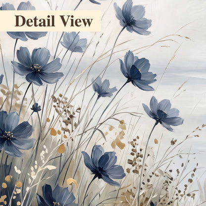 Soft blue flowers and ivory grasses beside a pale coastal horizon 3 piece canvas wall art artwork detail close up