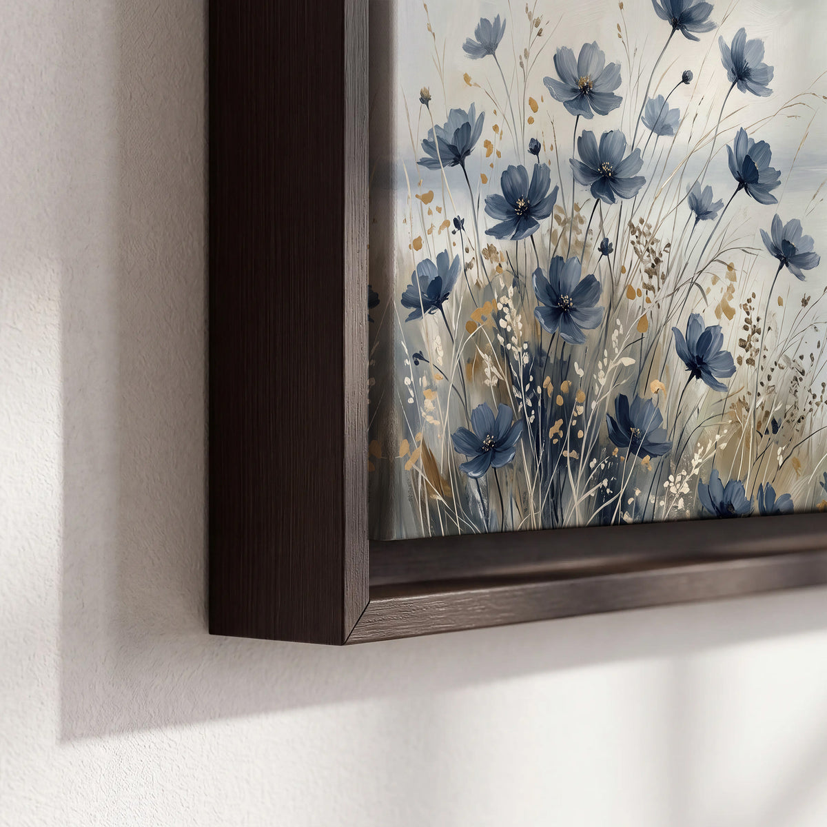Soft blue flowers and ivory grasses beside a pale coastal horizon 3 piece framed canvas wall art material and edge close up
