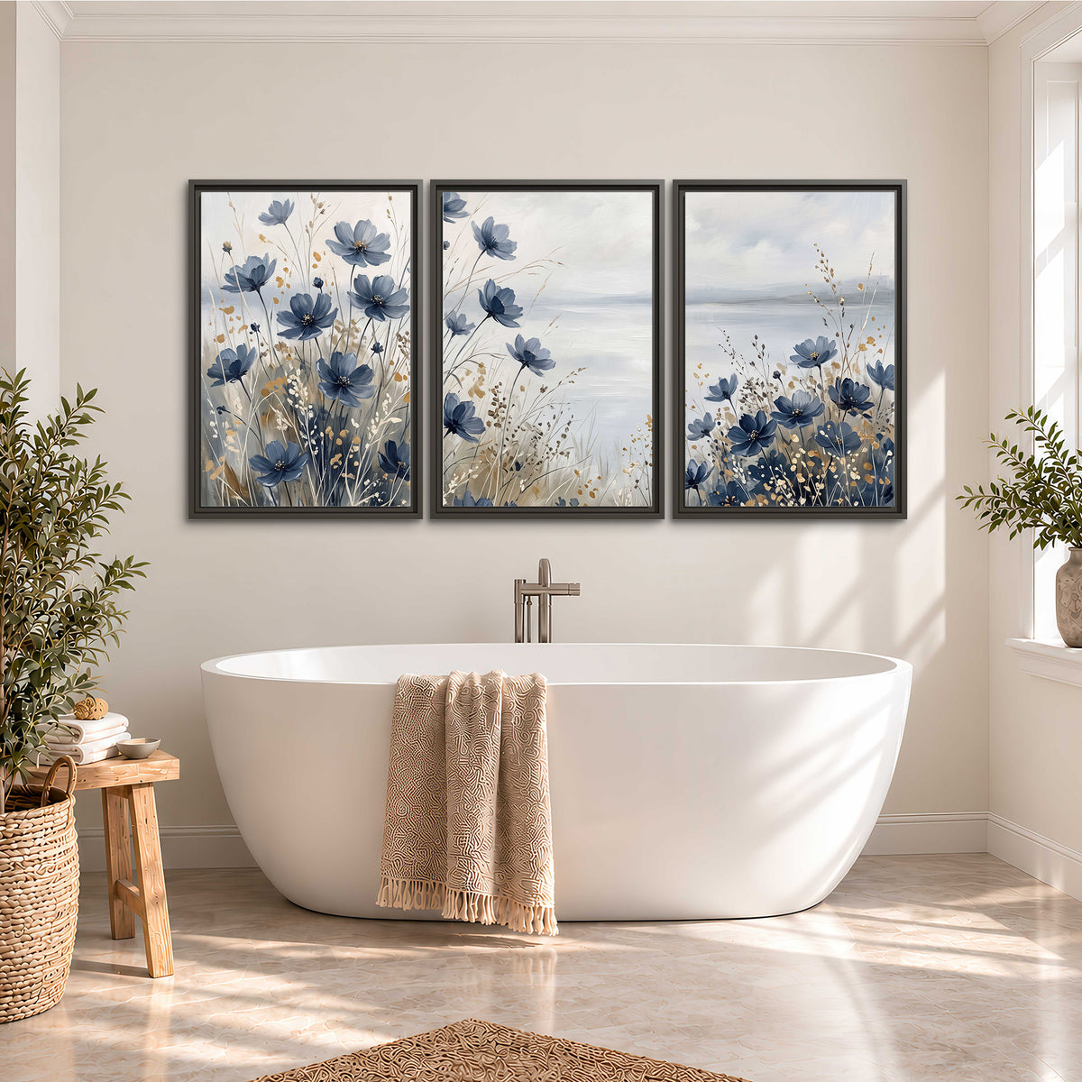 Soft blue flowers and ivory grasses beside a pale coastal horizon 3 piece framed canvas wall art styled in an interior