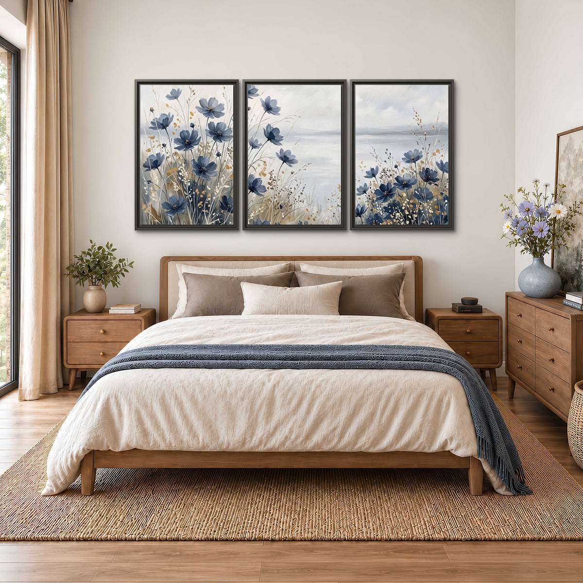 Soft blue flowers and ivory grasses beside a pale coastal horizon 3 piece framed canvas wall art styled in an interior