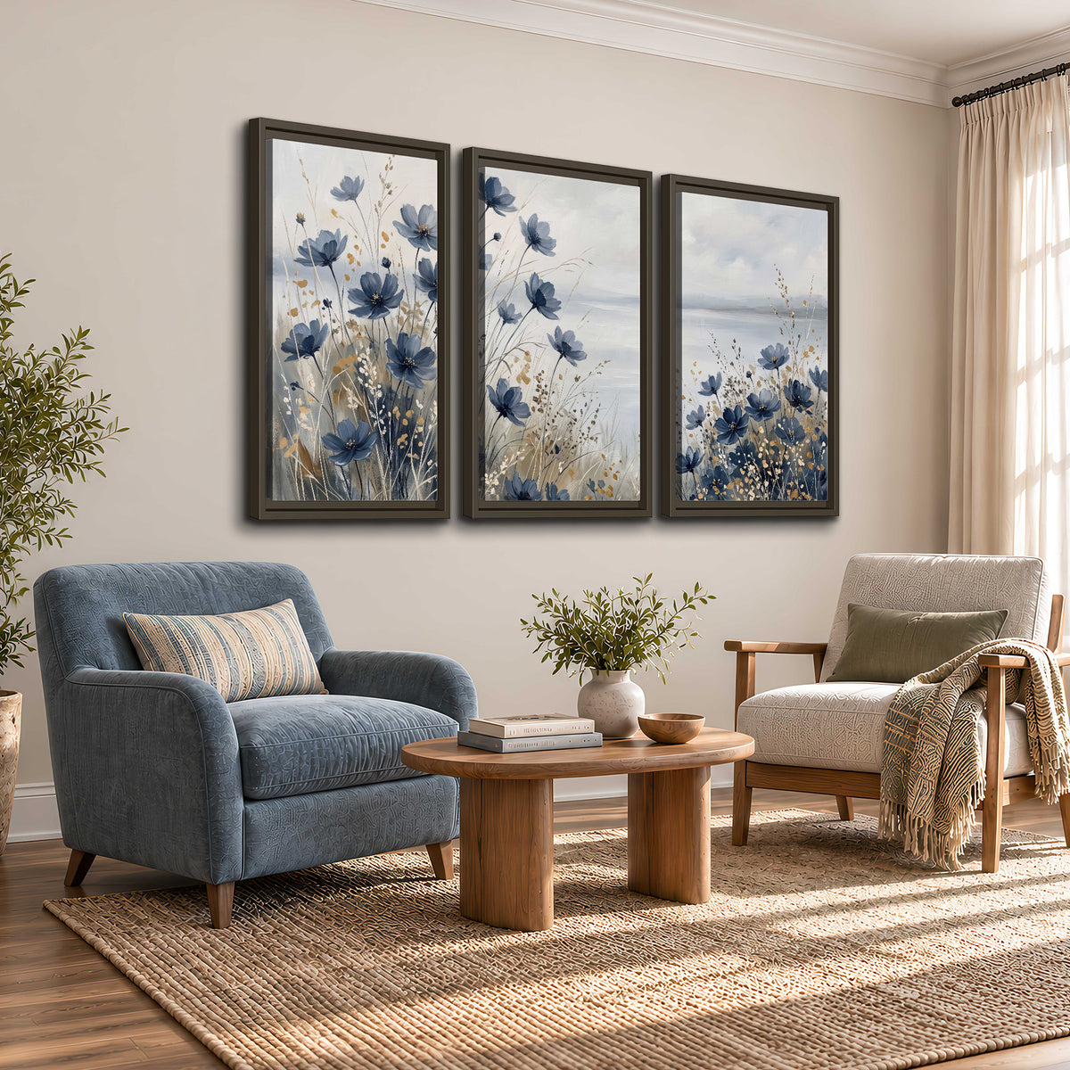 Soft blue flowers and ivory grasses beside a pale coastal horizon 3 piece framed canvas wall art styled in an interior
