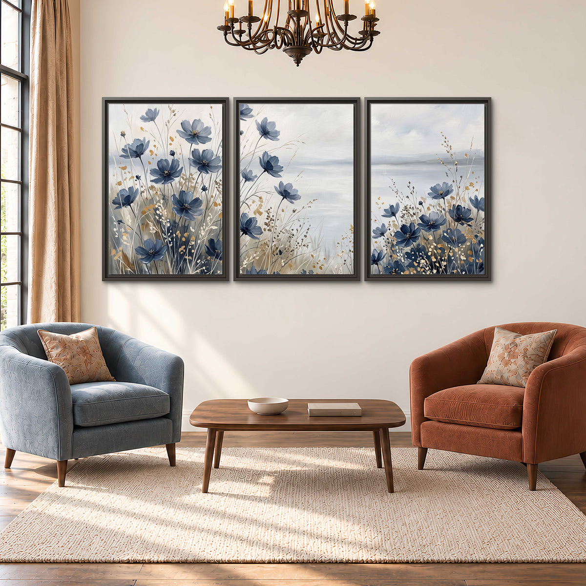 Soft blue flowers and ivory grasses beside a pale coastal horizon 3 piece framed canvas wall art styled in an interior