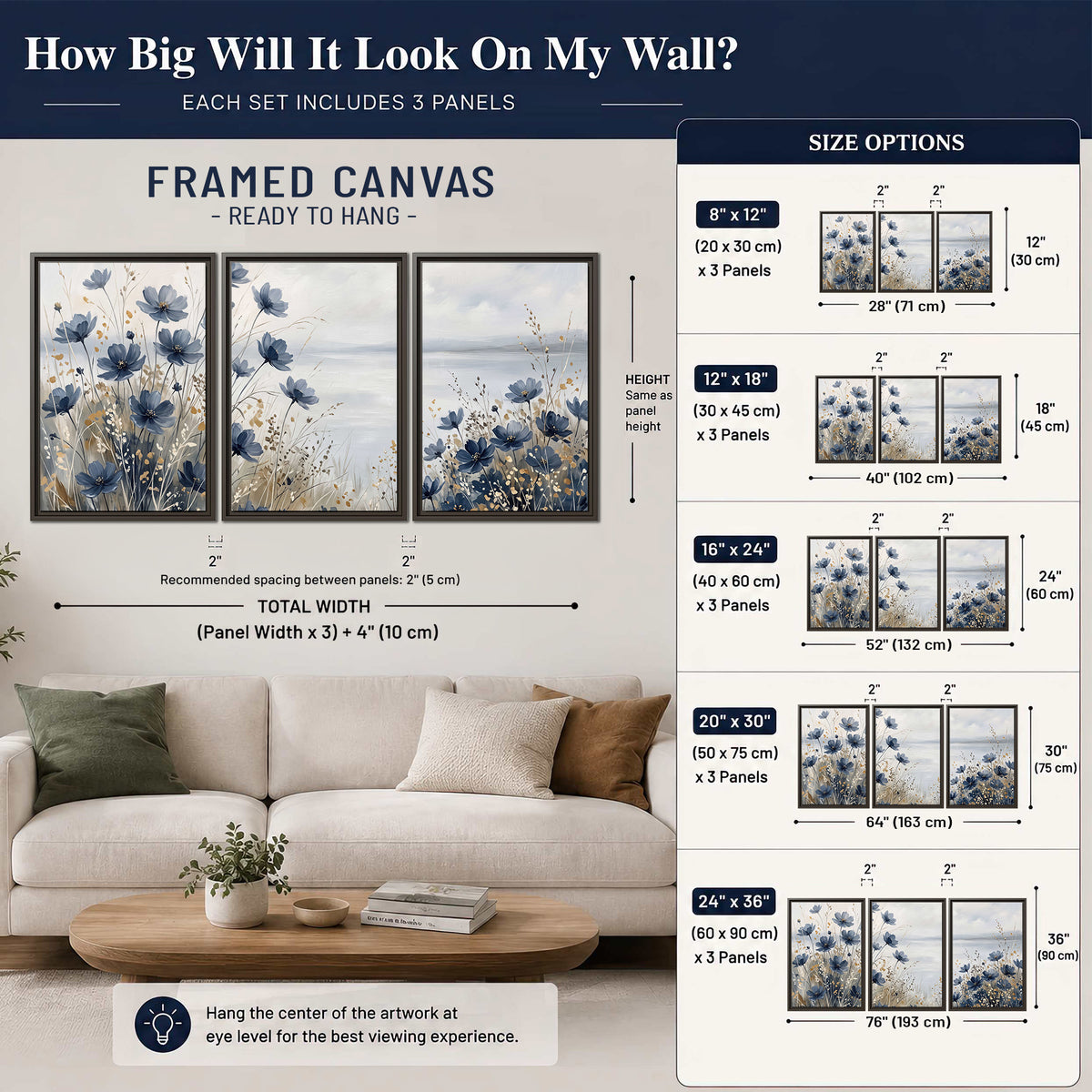 Soft blue flowers and ivory grasses beside a pale coastal horizon 3 piece framed canvas wall art size guide above a sofa; room view is illustrative