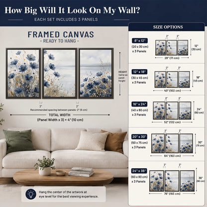 Soft blue flowers and ivory grasses beside a pale coastal horizon 3 piece framed canvas wall art size guide above a sofa; room view is illustrative
