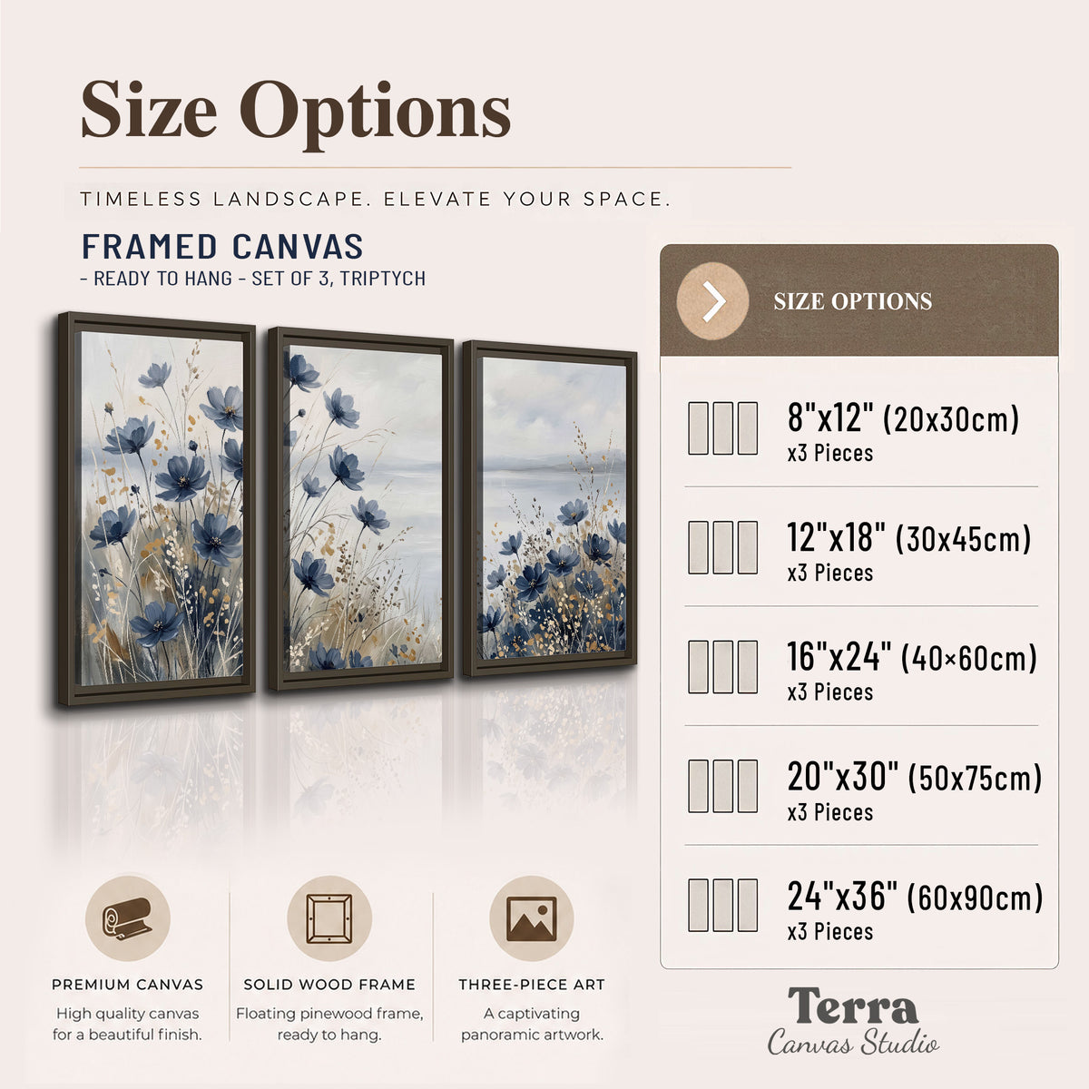 Soft blue flowers and ivory grasses beside a pale coastal horizon 3 piece framed canvas wall art available dimensions; triptych dimensions are per panel