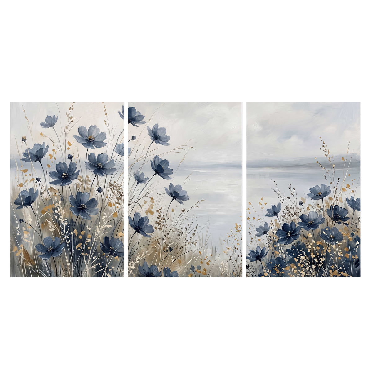 Soft blue flowers and ivory grasses beside a pale coastal horizon set of 3 poster prints viewed straight on