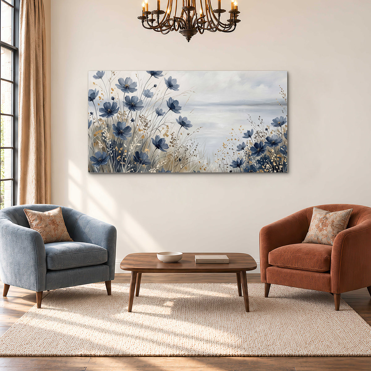 Soft blue flowers and ivory grasses beside a pale coastal horizon single canvas wall art styled in an interior