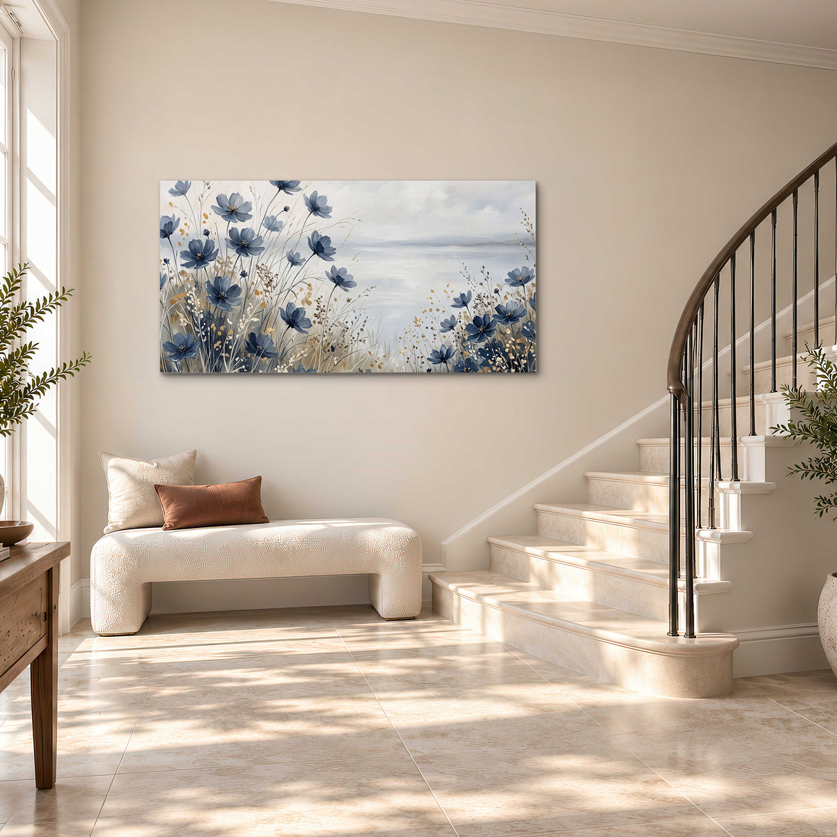 Soft blue flowers and ivory grasses beside a pale coastal horizon single canvas wall art styled in an interior