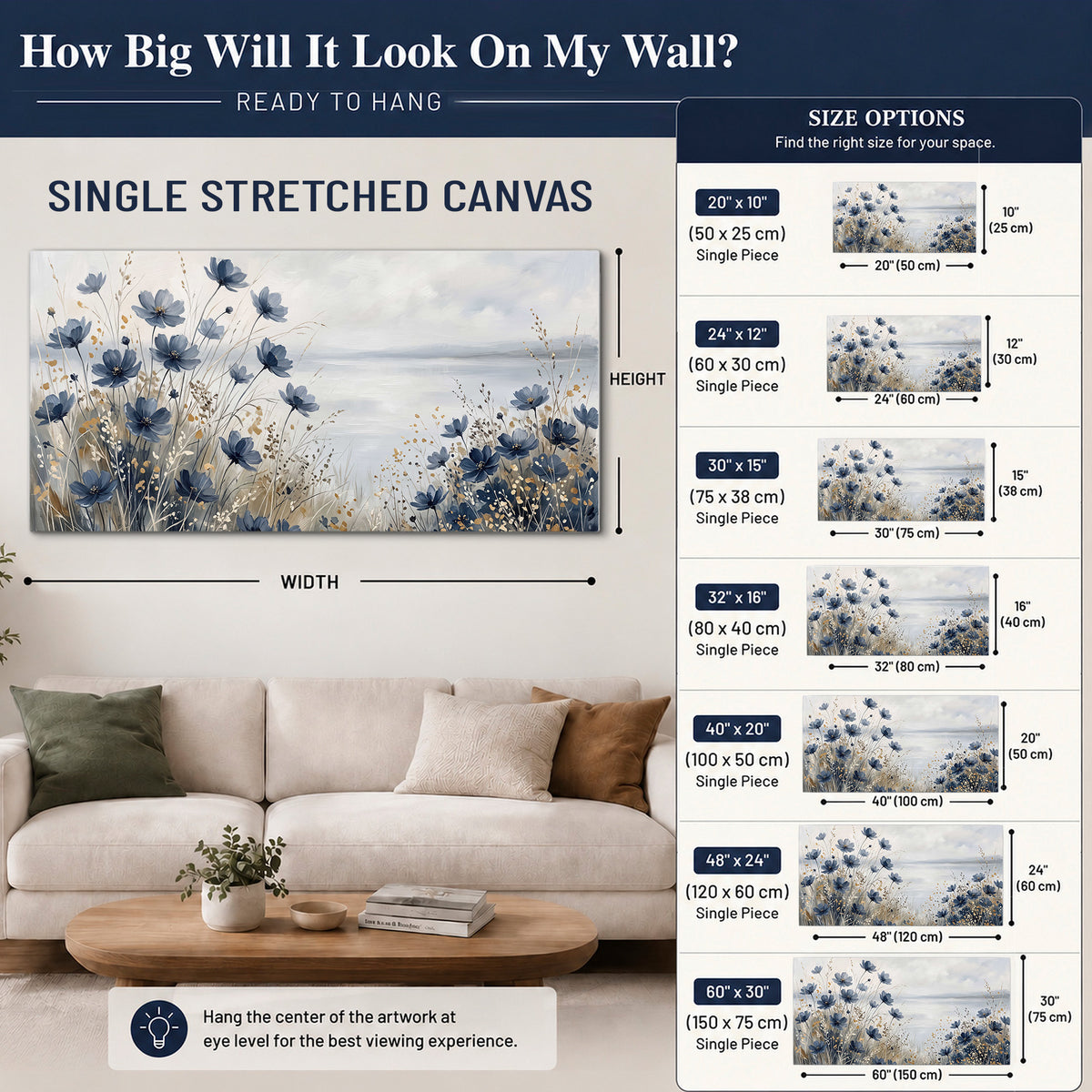 Soft blue flowers and ivory grasses beside a pale coastal horizon single canvas wall art size guide above a sofa; room view is illustrative