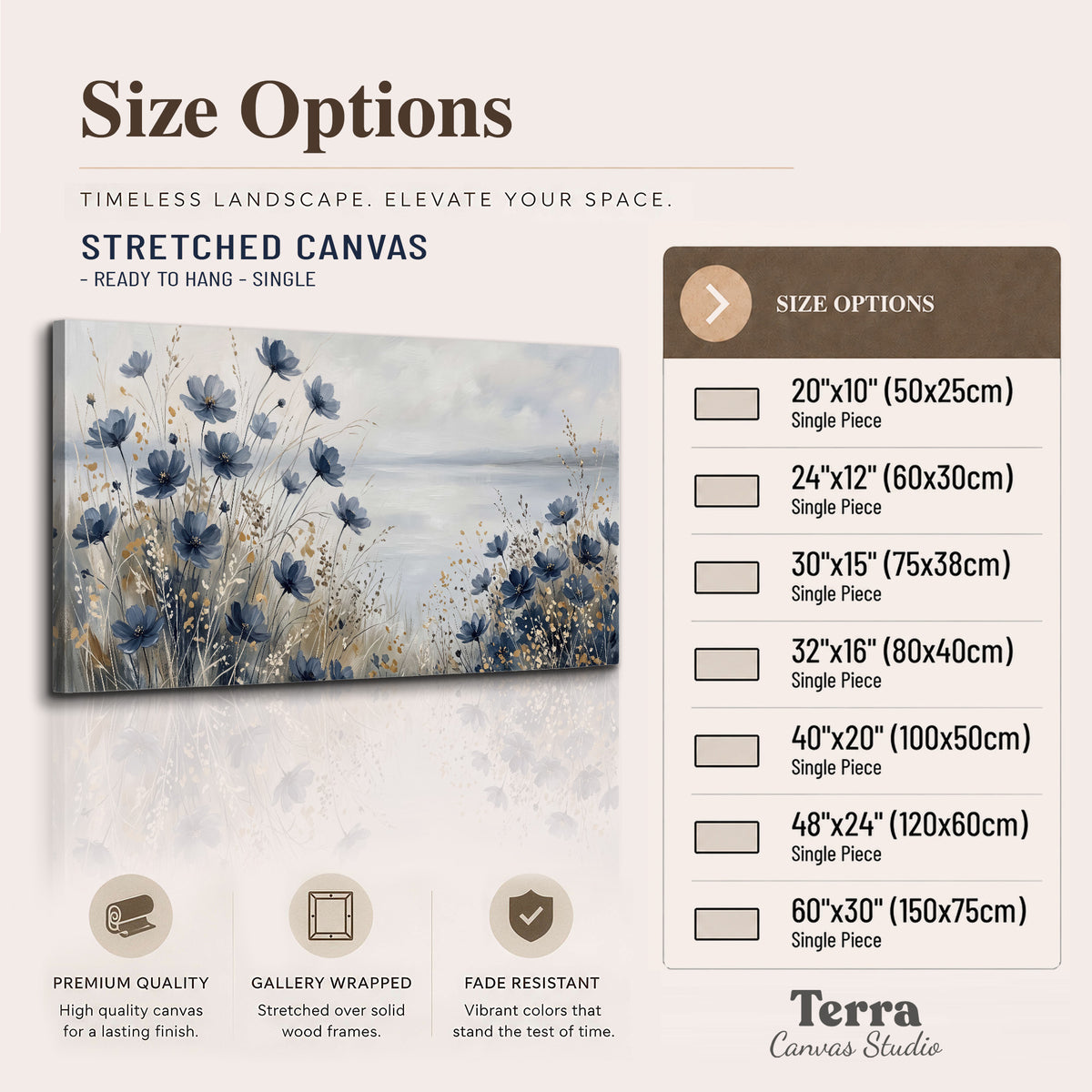 Soft blue flowers and ivory grasses beside a pale coastal horizon single canvas wall art available dimensions