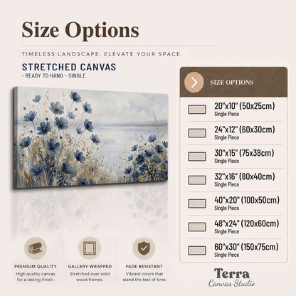 Soft blue flowers and ivory grasses beside a pale coastal horizon single canvas wall art available dimensions