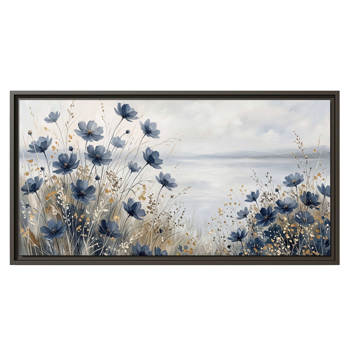 Soft blue flowers and ivory grasses beside a pale coastal horizon single framed canvas wall art viewed straight on