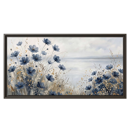Soft blue flowers and ivory grasses beside a pale coastal horizon single framed canvas wall art viewed straight on