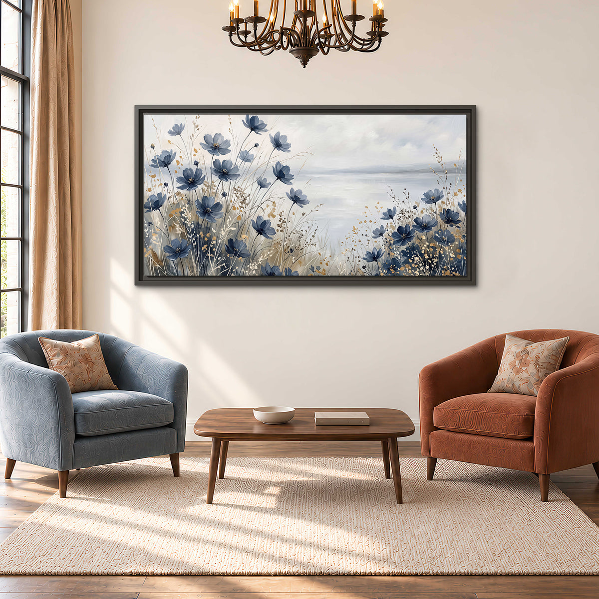 Soft blue flowers and ivory grasses beside a pale coastal horizon single framed canvas wall art styled in an interior