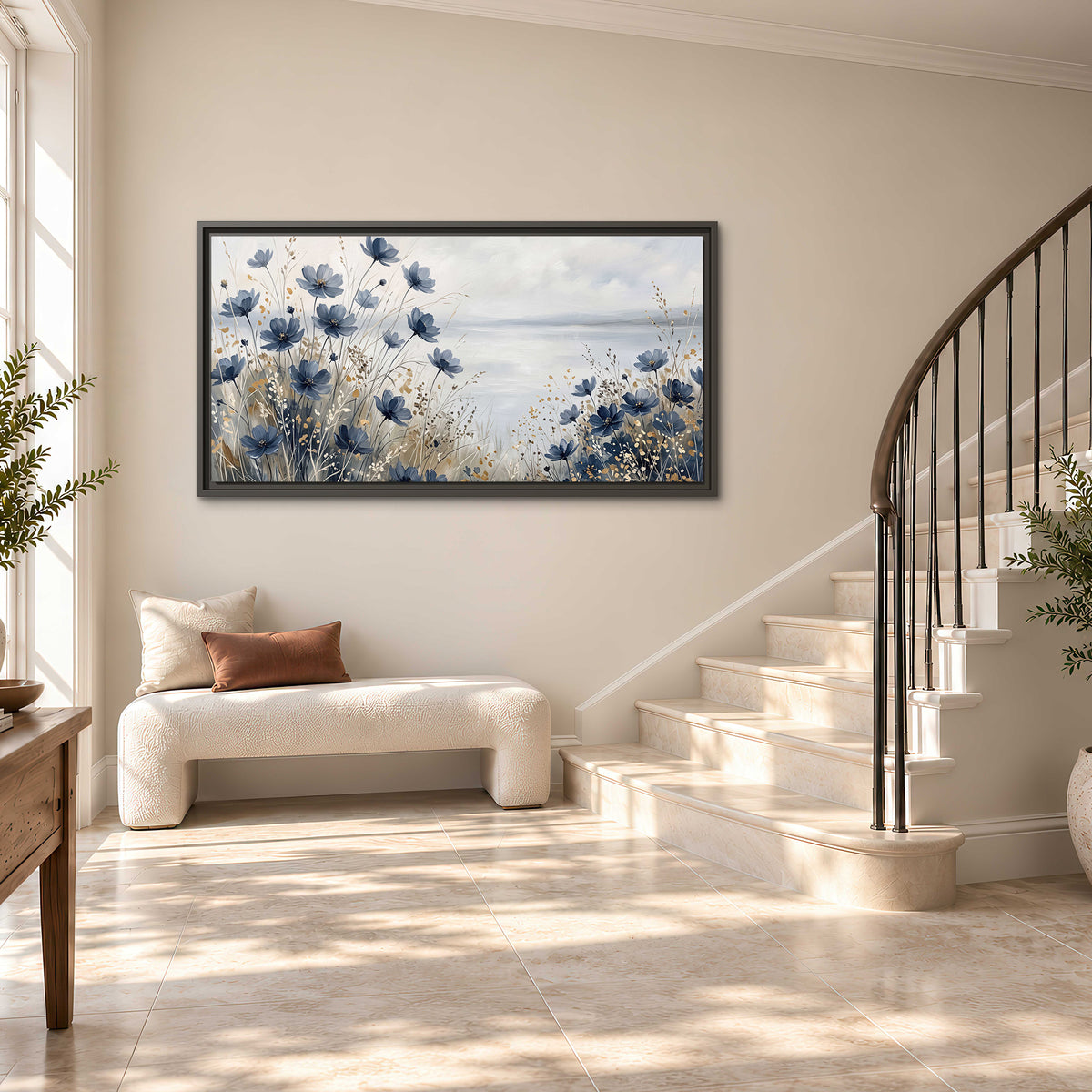 Soft blue flowers and ivory grasses beside a pale coastal horizon single framed canvas wall art styled in an interior