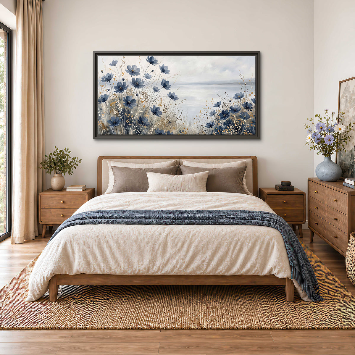 Soft blue flowers and ivory grasses beside a pale coastal horizon single framed canvas wall art styled in an interior