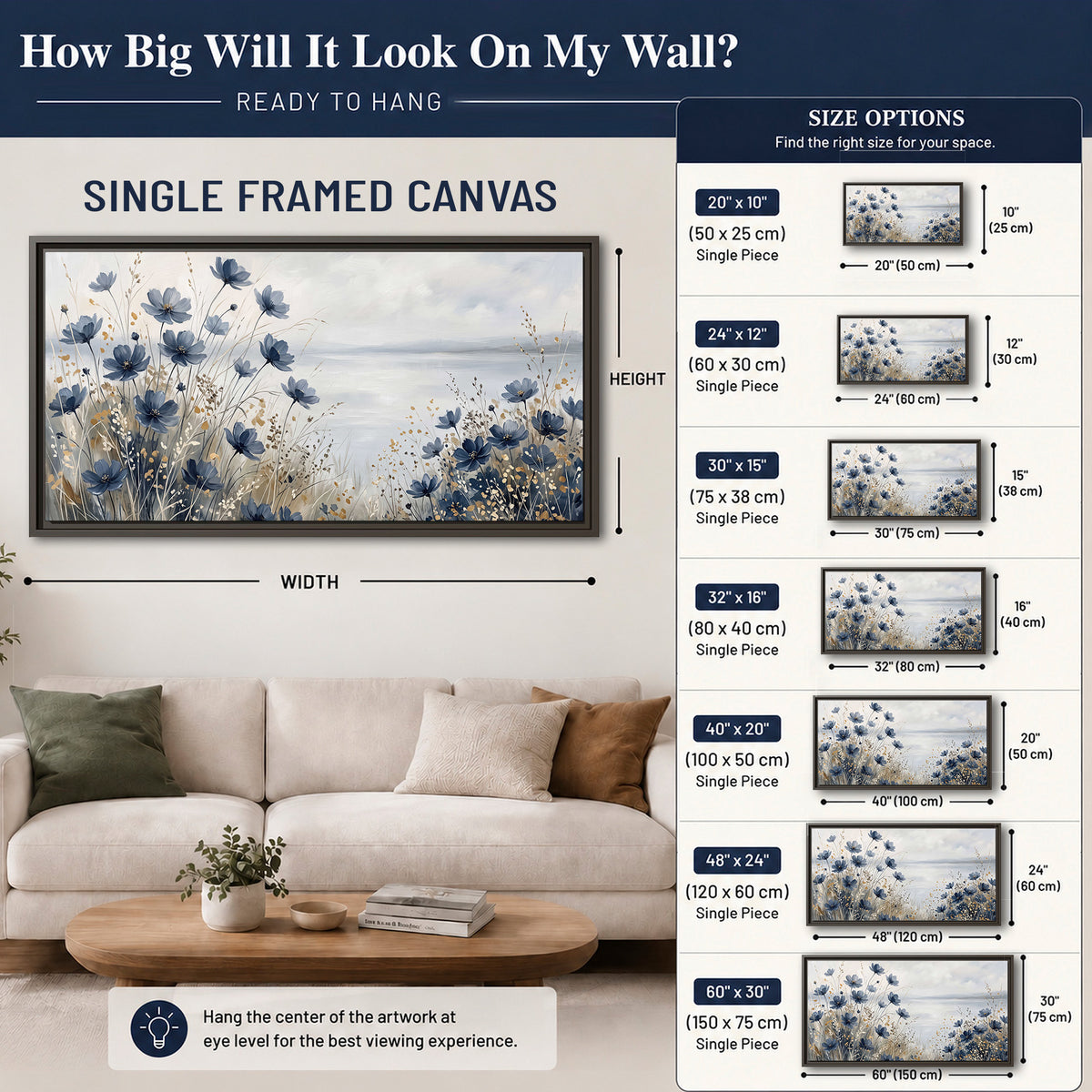 Soft blue flowers and ivory grasses beside a pale coastal horizon single framed canvas wall art size guide above a sofa; room view is illustrative