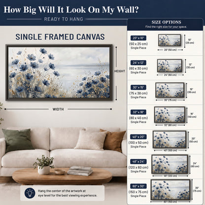 Soft blue flowers and ivory grasses beside a pale coastal horizon single framed canvas wall art size guide above a sofa; room view is illustrative