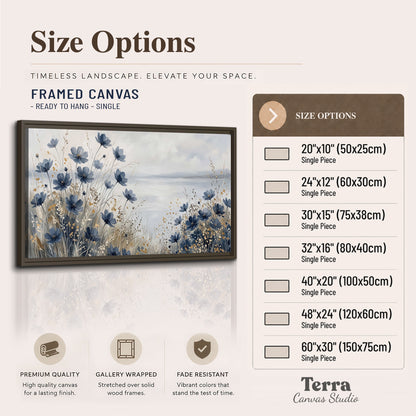 Soft blue flowers and ivory grasses beside a pale coastal horizon single framed canvas wall art available dimensions