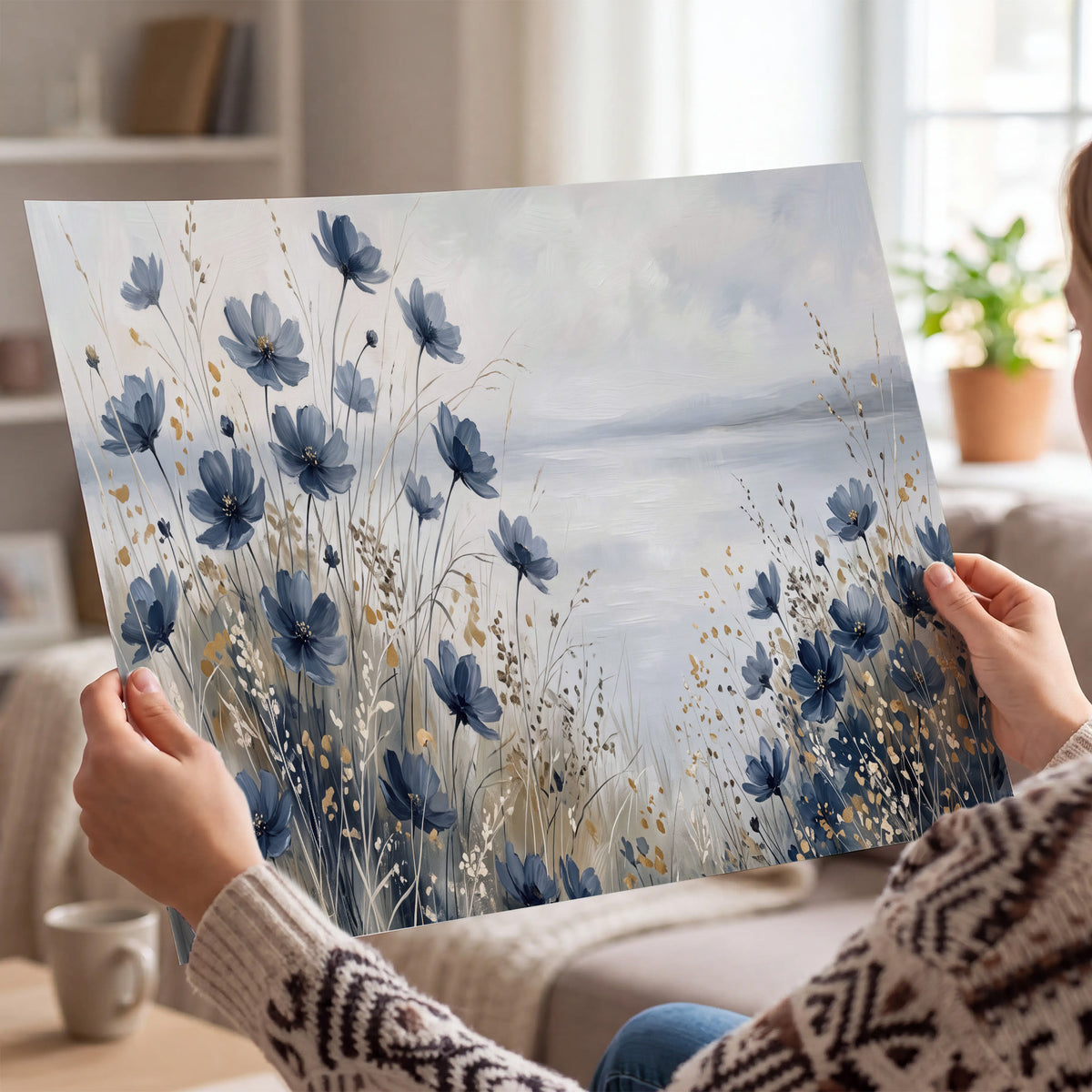 Soft blue flowers and ivory grasses beside a pale coastal horizon single poster print held in hands