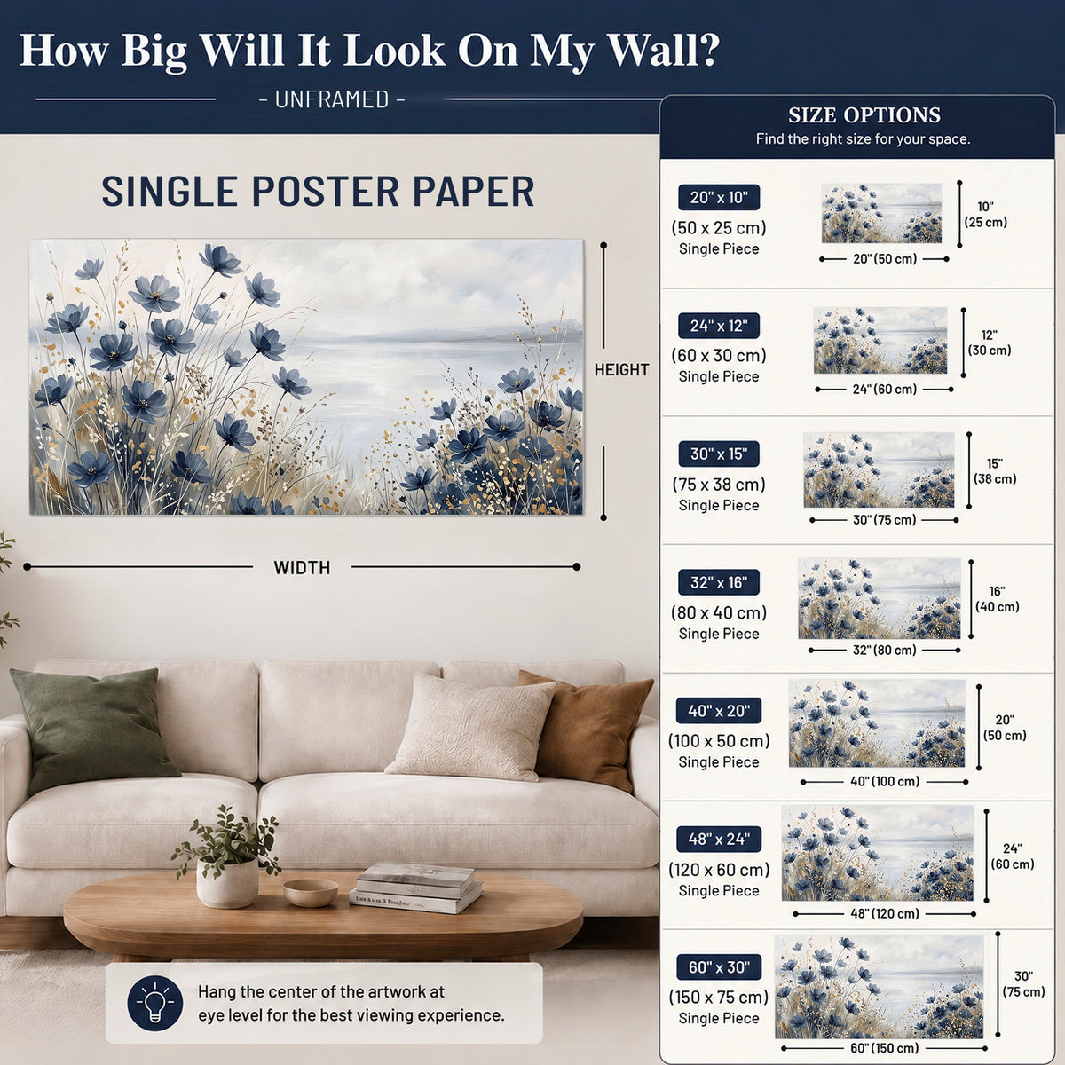 Soft blue flowers and ivory grasses beside a pale coastal horizon single poster print size guide above a sofa; room view is illustrative