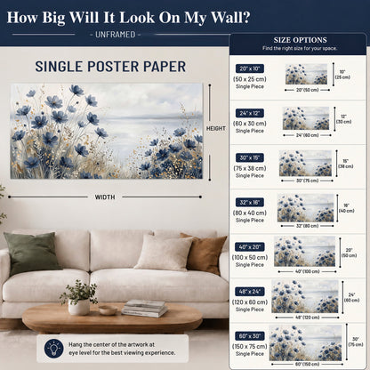 Soft blue flowers and ivory grasses beside a pale coastal horizon single poster print size guide above a sofa; room view is illustrative