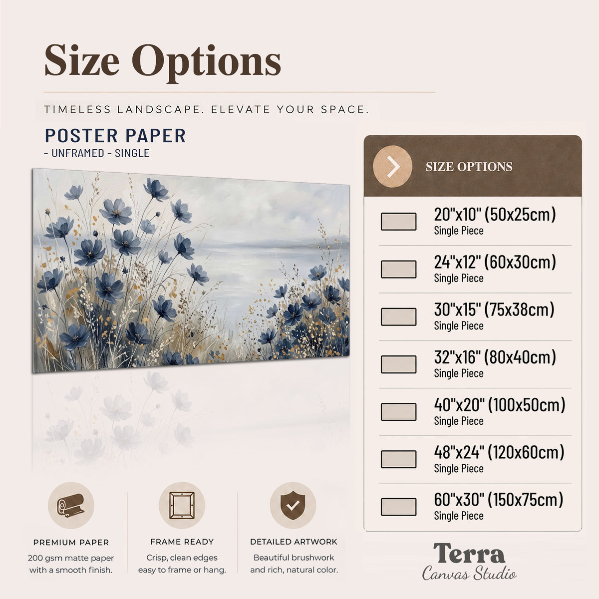 Soft blue flowers and ivory grasses beside a pale coastal horizon single poster print available dimensions