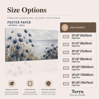 Soft blue flowers and ivory grasses beside a pale coastal horizon single poster print available dimensions