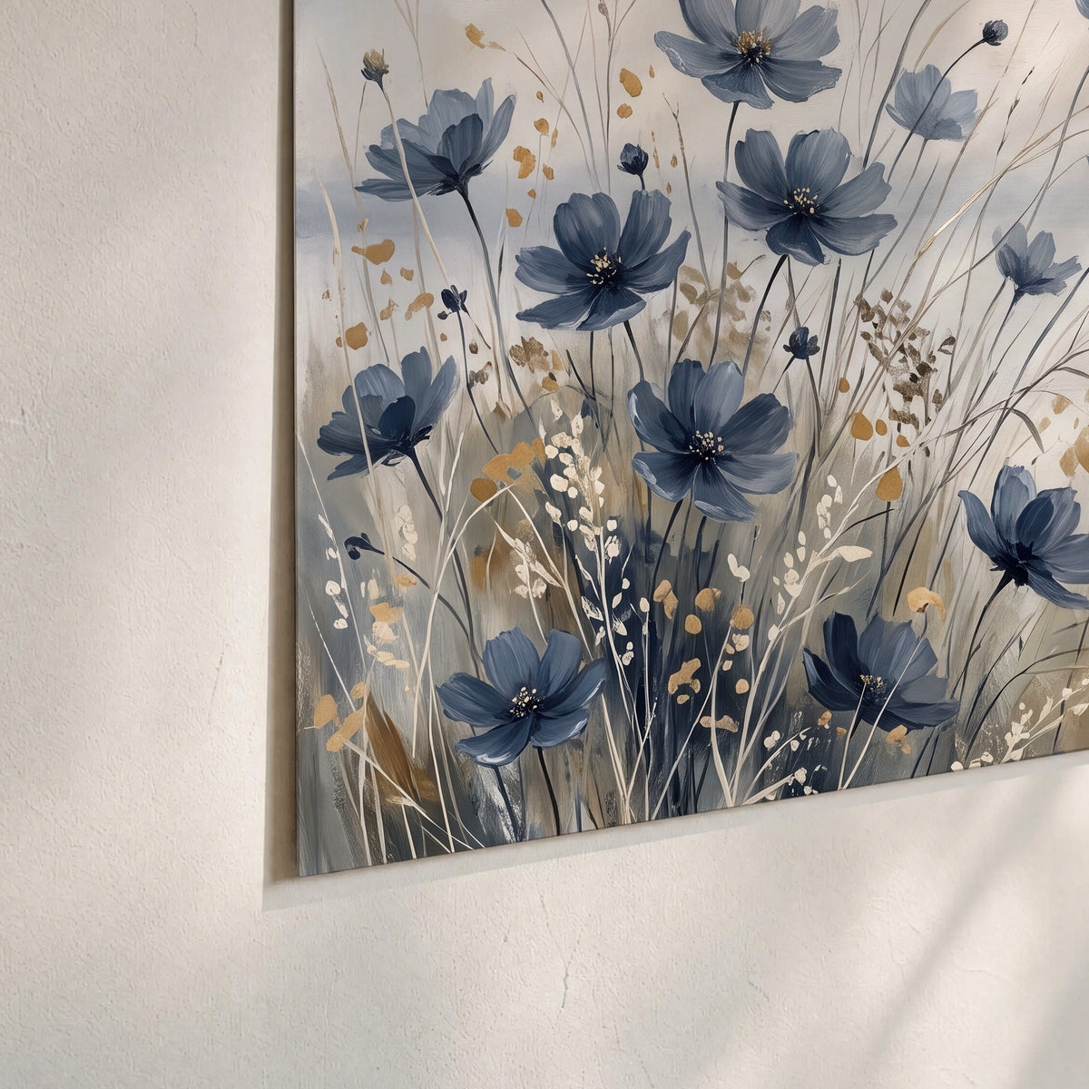Soft blue flowers and ivory grasses beside a pale coastal horizon set of 3 poster prints material and edge close up