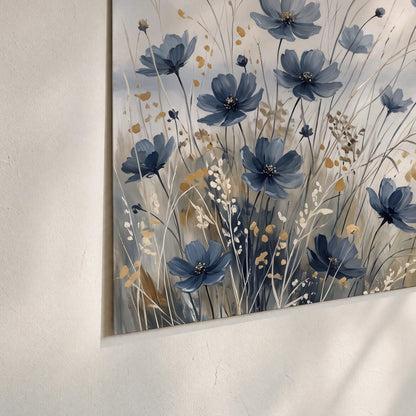 Soft blue flowers and ivory grasses beside a pale coastal horizon set of 3 poster prints material and edge close up