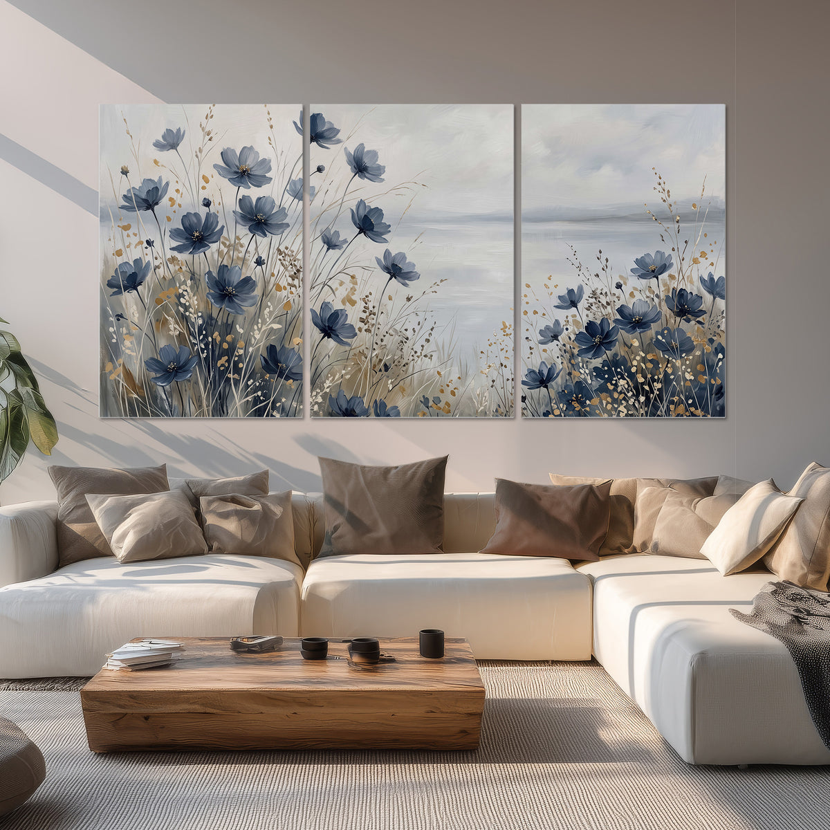 Soft blue flowers and ivory grasses beside a pale coastal horizon set of 3 poster prints displayed in a living room