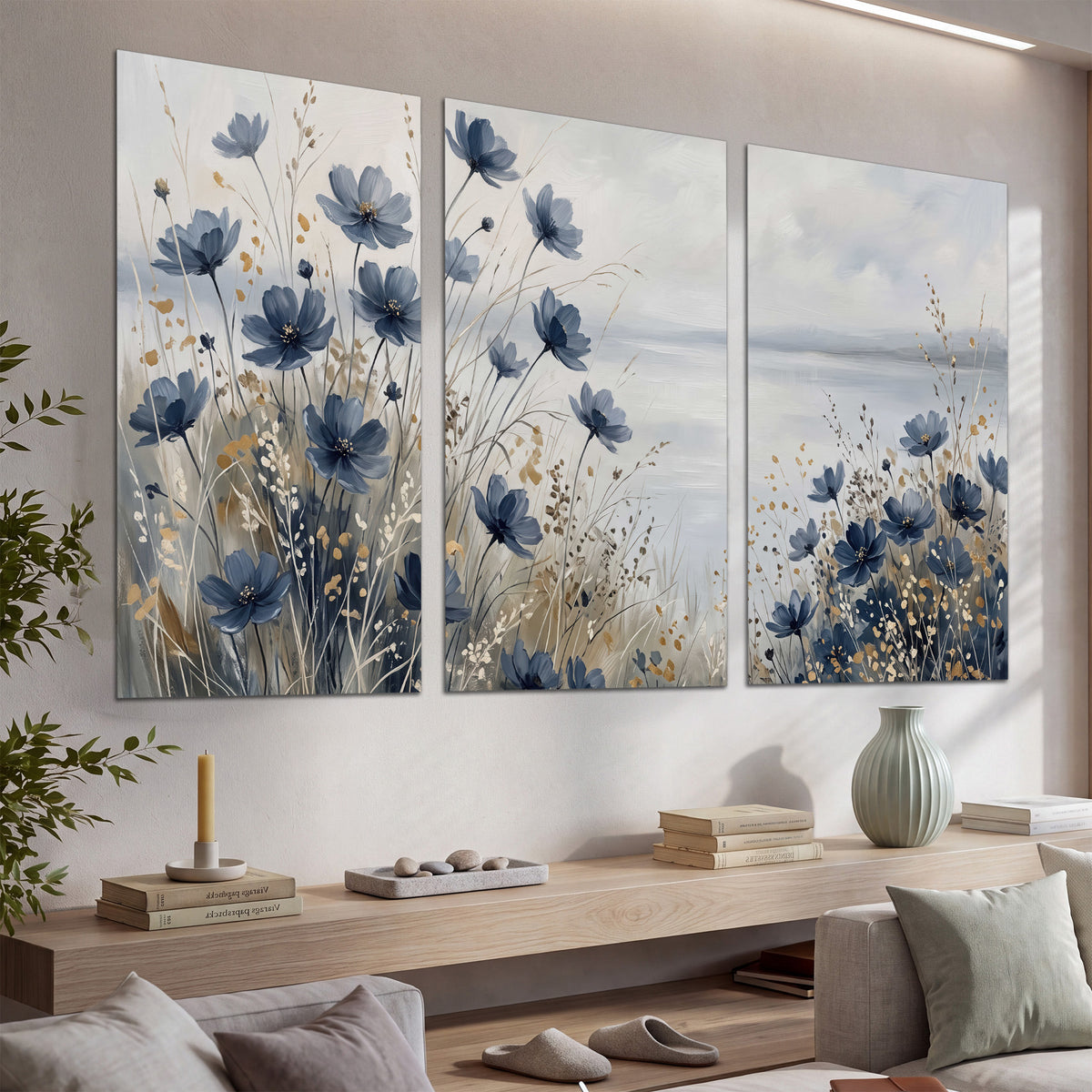 Soft blue flowers and ivory grasses beside a pale coastal horizon set of 3 poster prints displayed in a console